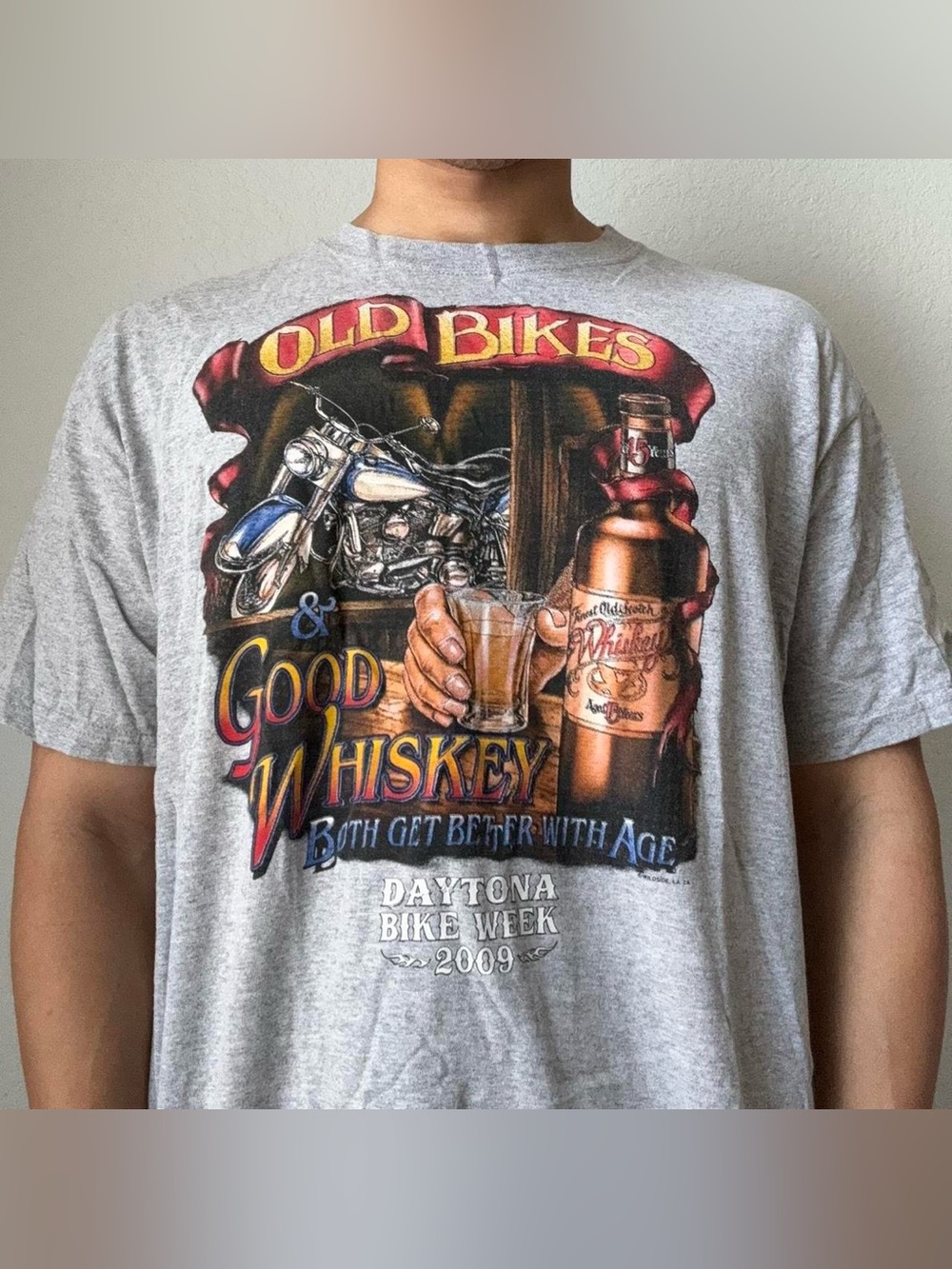 Vintage 2009 Old Bikes "Good Whiskey" Motorcycle Graphics Grey Tee Shirt